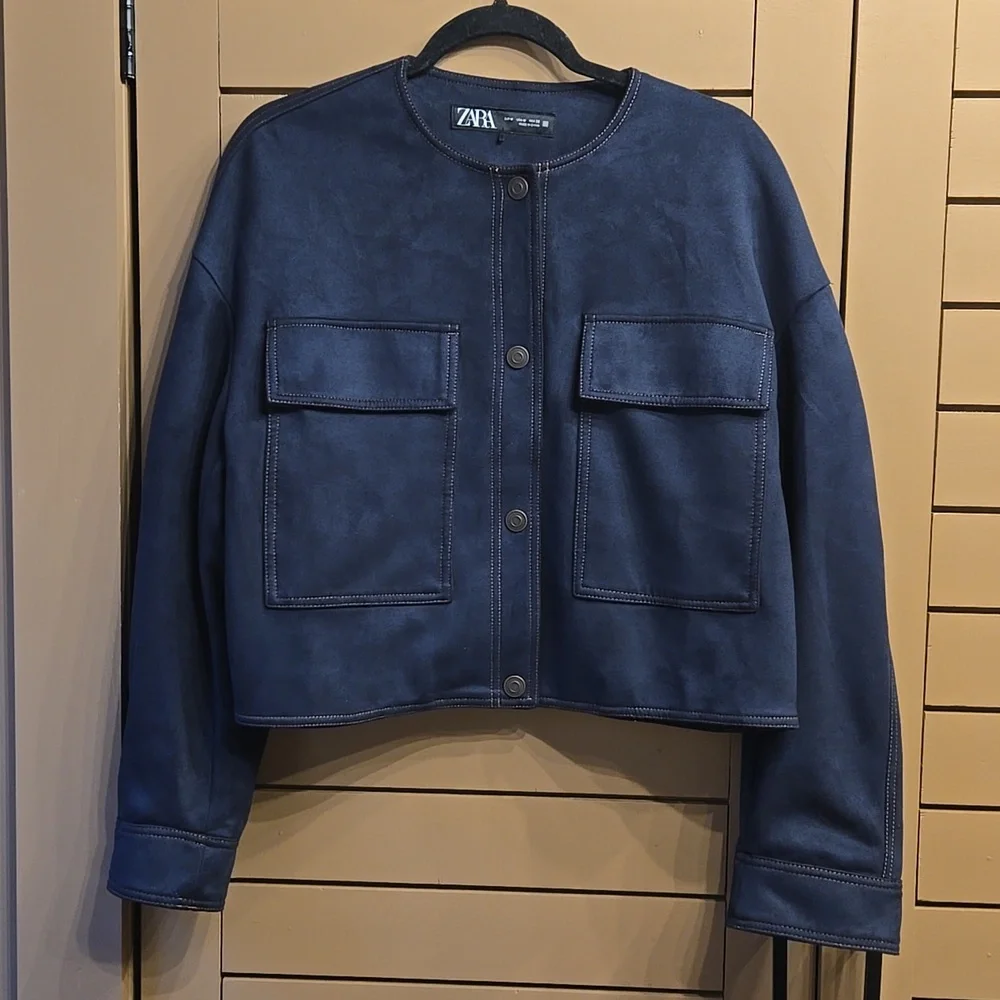 Zara FAUX SUEDE JACKET WITH CONTRAST TOPSTITCHING Size Medium - Picture 5 of 13